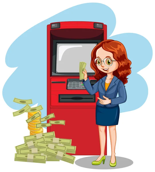 Zakelijke Vrouw Geld Opnemen Uit Pinautomaat Illustratie — Stockvector