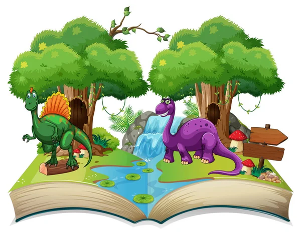 Buch Mit Verschiedenen Dinosauriern Cartoon Illustrationen Eröffnet — Stockvektor