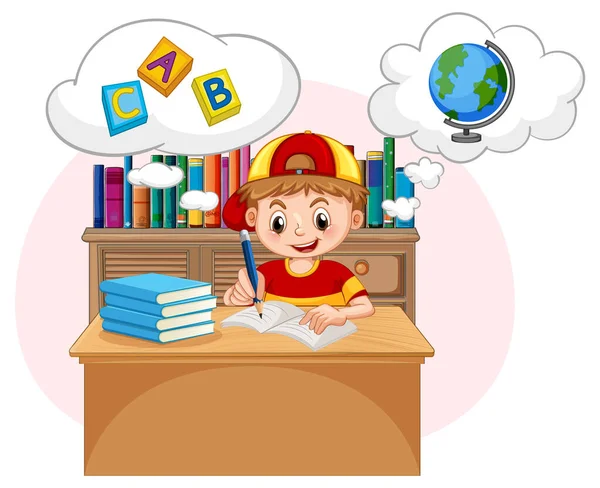 Kütüphanede Konuşma Baloncuğuyla Ödev Yapan Bir Çocuk — Stok Vektör