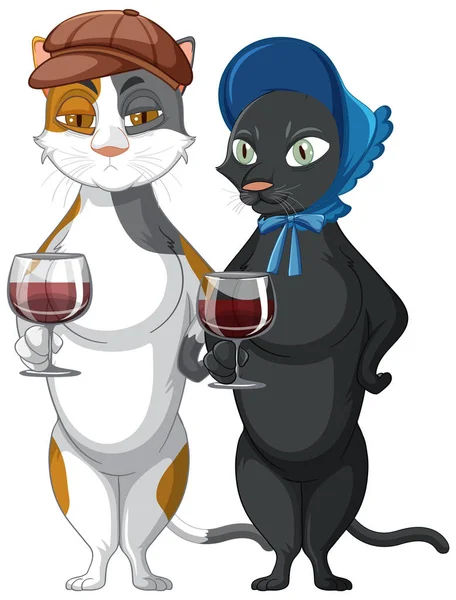 Katzen Stehen Und Trinken Wein Auf Weißem Hintergrund Illustration — Stockvektor
