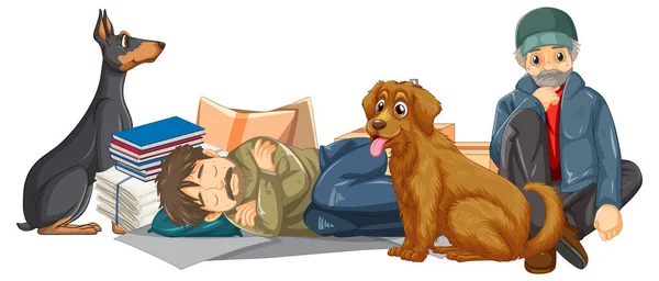 Homeless Man Two Dogs Illustration — Stock Vector