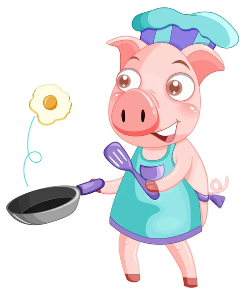 Pig Cartoon Character Cooking Breakfast Illustration — Stock Vector