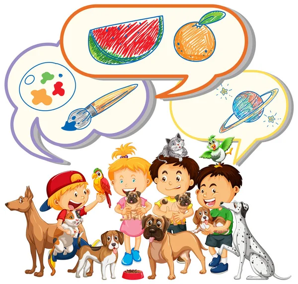 Kinder Und Haustiere Mit Sprechblasen Illustration — Stockvektor