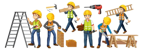 Group Construction Workers Cartoon Characters Illustration — Stock Vector