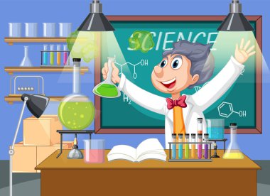 Laboratuvar illüstrasyonunda komik bilim adamı deneyi