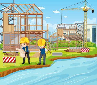 İnşaat alanı ve işçilerin çizimleri