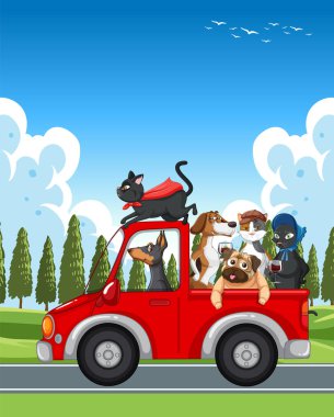 Dogs and cats driving a car on nature landscape illustration