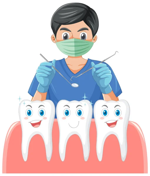 Dentista Segurando Instrumentos Examinando Dentes Fundo Branco Ilustração —  Vetores de Stock