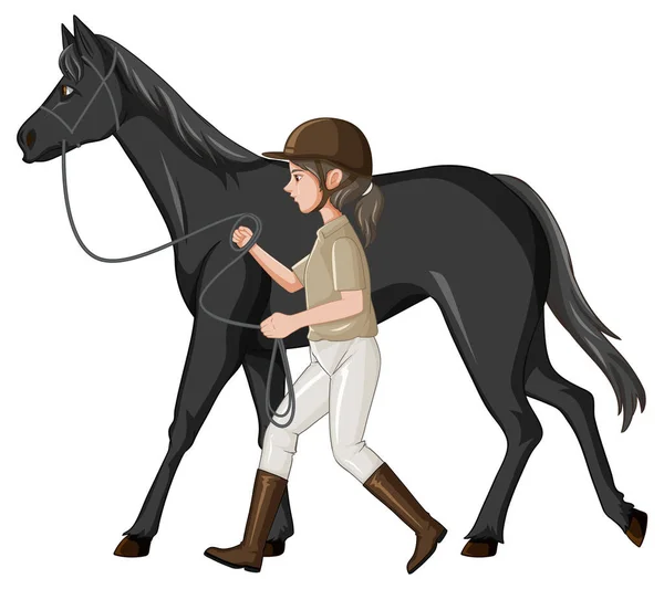 Paardrijden Sport Met Meisje Toonaangevende Paard Illustratie — Stockvector