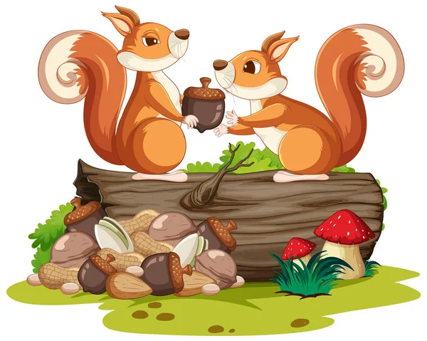 Squirrels Standing Wooden Log Illustration — Stock Vector