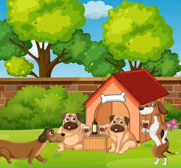 Muchos Perros Jugando Parque Ilustración — Vector de stock