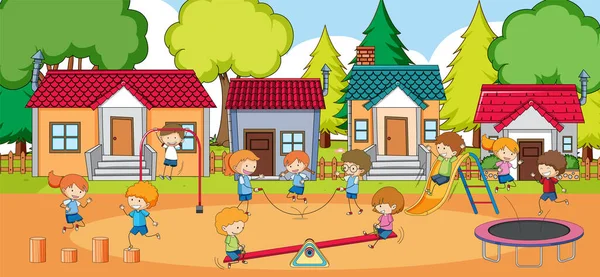 遊び場のイラストで遊んでいる多くの子供たちとのシーン — ストックベクタ