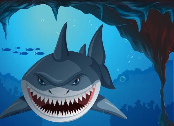 Aggressive Shark Underwater Deep Sea Background Illustration — Stock Vector