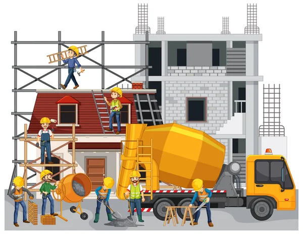 Isolierte Baustelle Mit Arbeitern — Stockvektor