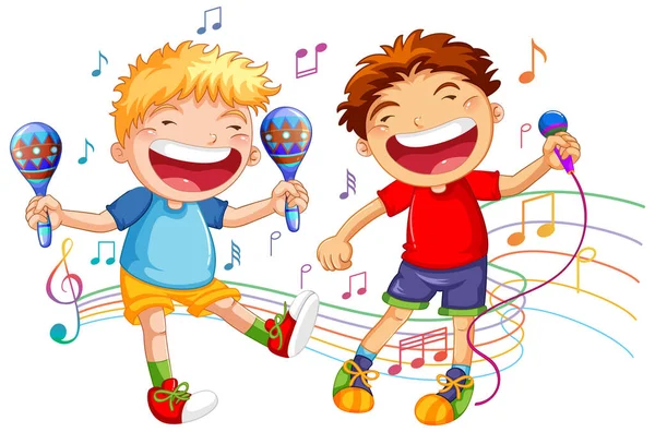 Δύο Αγόρια Τραγουδούν Και Χορεύουν Εικονογράφηση — Διανυσματικό Αρχείο