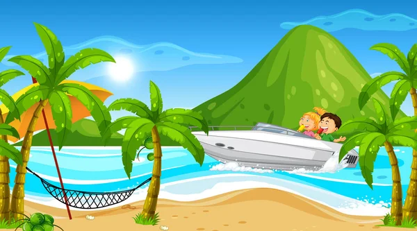 Ocean Scenery Kids Speedboat Illustration — Vetor de Stock