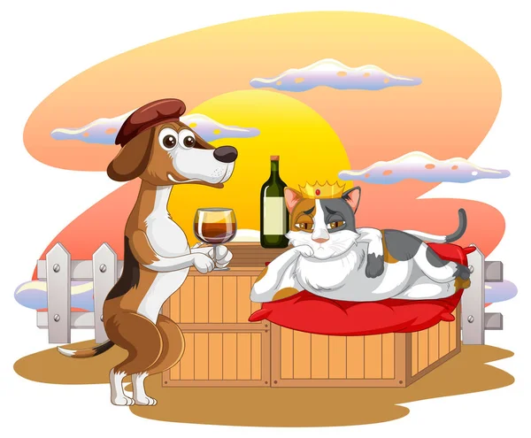 Zeichentrickfilm Hund Und Katze Schlürfen Wein Illustration — Stockvektor