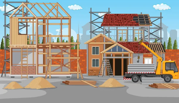 Escena Dibujos Animados Construcción Del Sitio Construcción Ilustración — Vector de stock