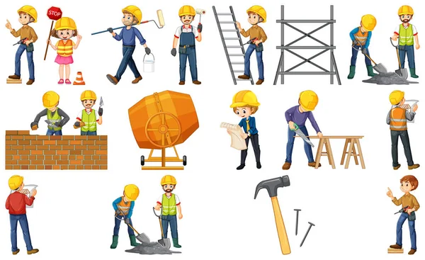 Construction Worker Set Man Tools Illustration — Stock Vector