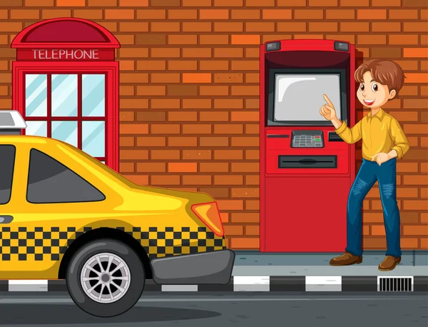 Atm Street Scene Man Withdraw Money Illustration — Stockvektor