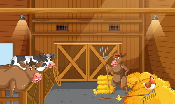 Stable Scene Cows Chicken Illustration — стоковый вектор