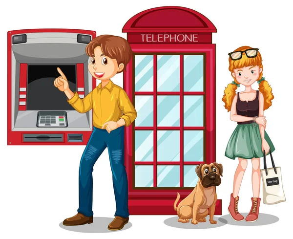 Two People Standing Atm Telephone Booth Illustration — Stockvector