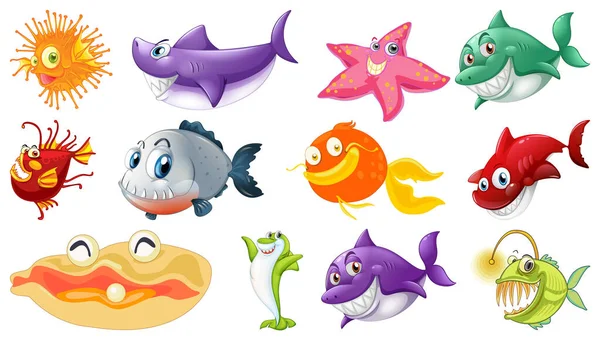 Sea Animals Cartoon Collection Illustration — Stock Vector