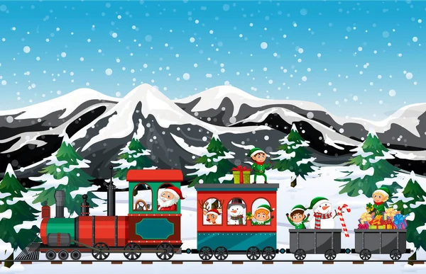 乘坐带有圣诞老人和精灵图解的火车 — 图库矢量图片