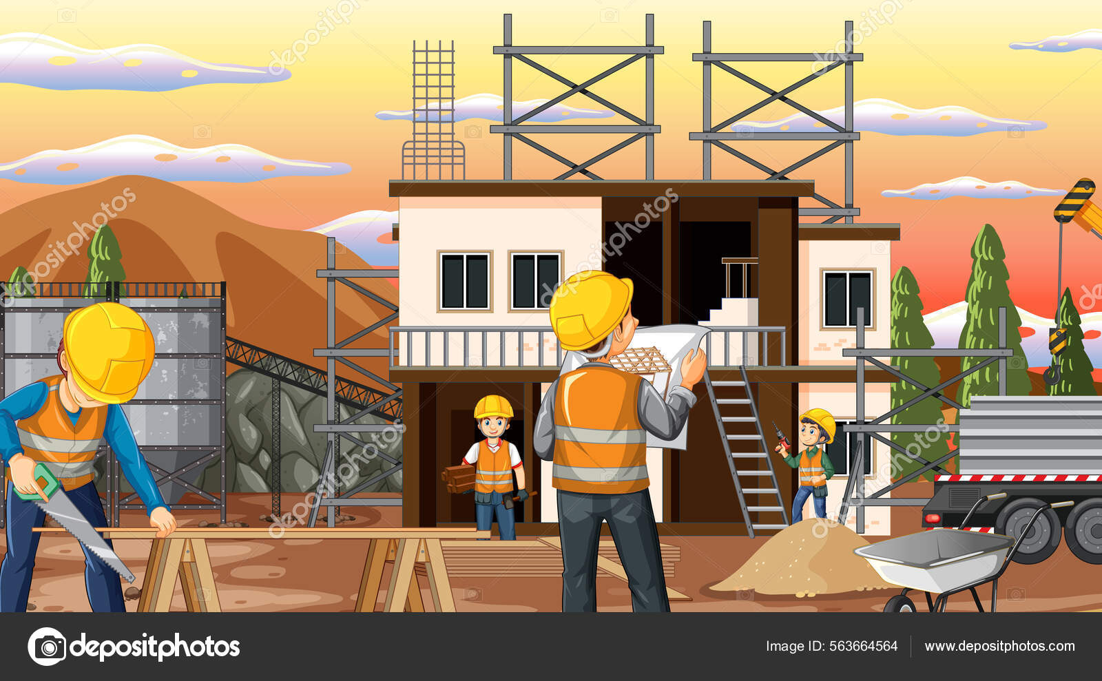 Building Construction Site Workers Illustration Stock Vector by  ©interactimages 563664564, image size:1600x989