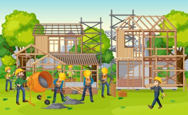 İşçi illüstrasyonlu ev inşaatı