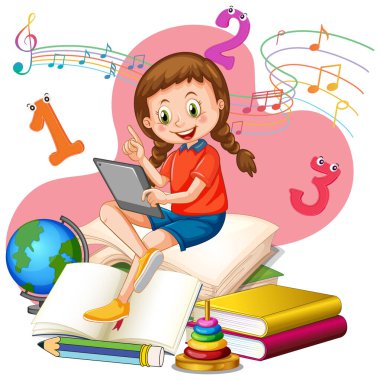 Bir yığın kitap illüstrasyonunda kitap okuyan bir kız.