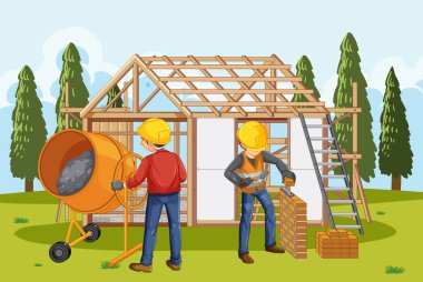 İşçi illüstrasyonlu ev inşaatı