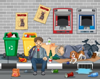 Evsiz insanların resimli olduğu açık hava sahnesi