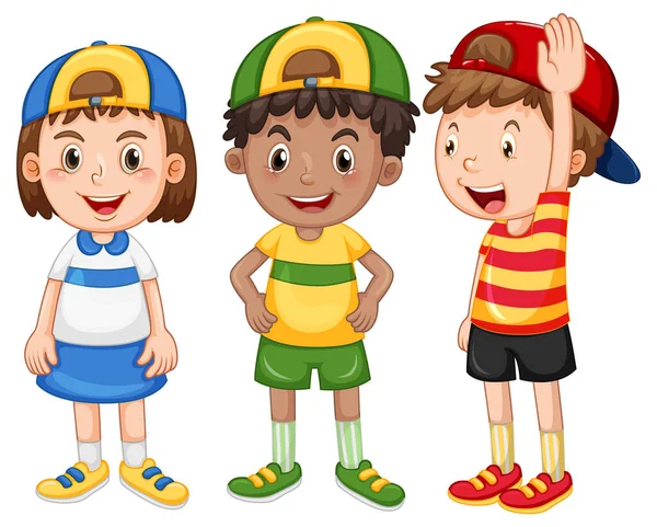 Τρία Ευτυχισμένα Παιδιά Φορώντας Καπέλο Εικονογράφηση — Διανυσματικό Αρχείο
