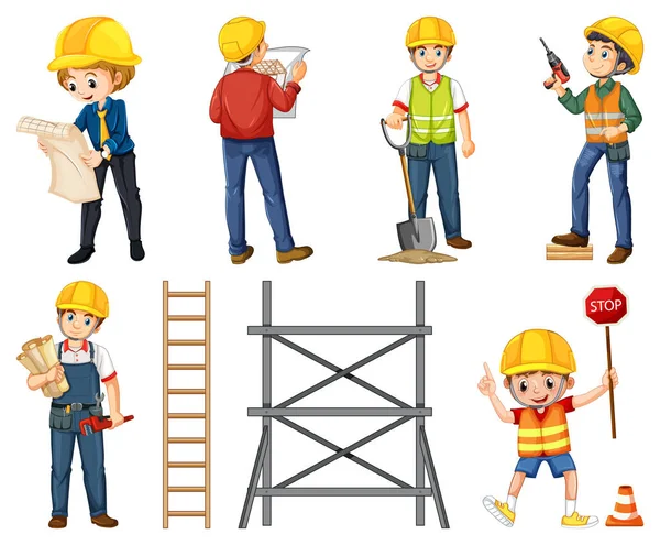 Set Construction Site Objects Workers Illustration — Stock Vector