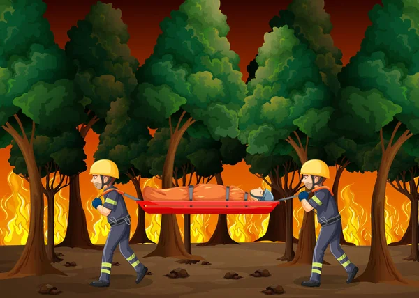 Wildvuur Scene Met Firerman Rescue Cartoon Stijl Illustratie — Stockvector