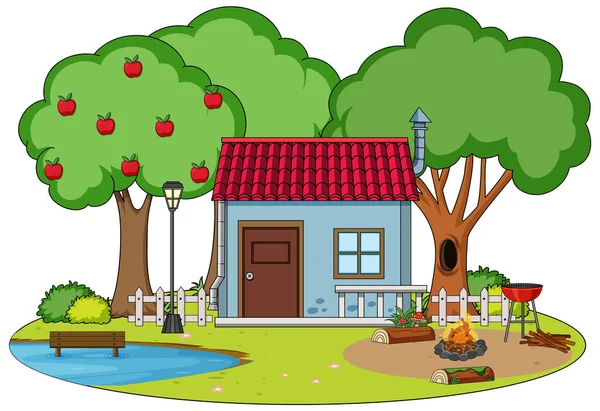 Scene House Little Pond Illustration — Vector de stock