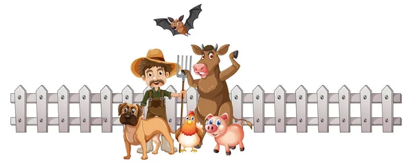 Farmer Many Animals Fence Illustration — Stock Vector