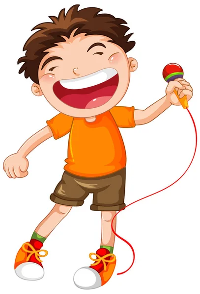 Šťastný Chlapec Zpívá Mikrofonem Ilustrace — Stockový vektor