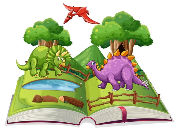 Opened Book Various Dinosaurs Cartoon Illustration — Stock Vector