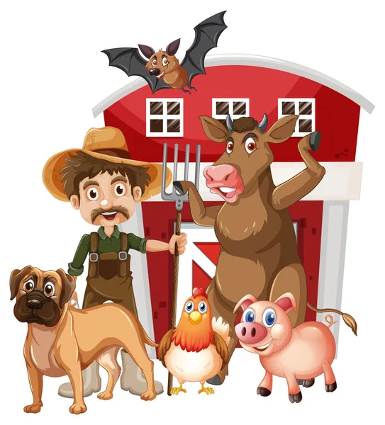 Many Farm Animals Farmer Illustration — Image vectorielle