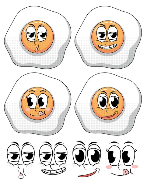 一套带有煎蛋的面部表情老式卡通片 白色背景插图 — 图库矢量图片