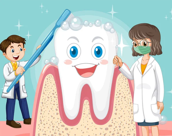 幸せなブラッシング歯科医と青の背景イラストに大きな歯を世話 — ストックベクタ