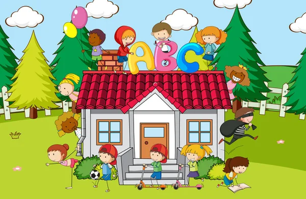 Scene Many Kids Playing Home Illustration — Archivo Imágenes Vectoriales