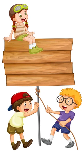 Board Template Three Happy Kids Illustration — Stok Vektör