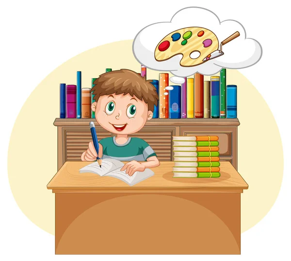 Een Kind Doet Huiswerk Met Spraakzeepbel Bibliotheek Illustratie — Stockvector