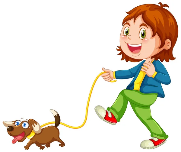 Girl Walking Her Dog White Background Illustration — ストックベクタ