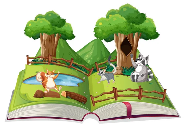 Livro Fantasia Aberto Com Animais Bonitos Ilustração — Vetor de Stock