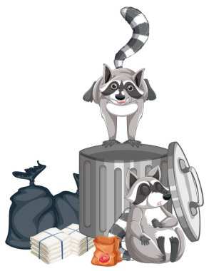Raccoons searching food by trashcan illustration