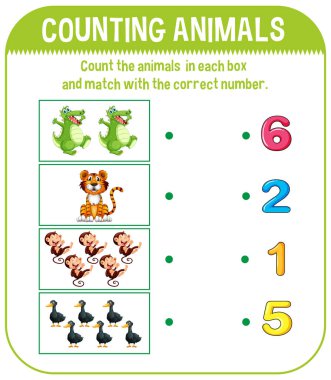 Hayvanlar illüstrasyon sayımı için çalışma sayfası Tasarım